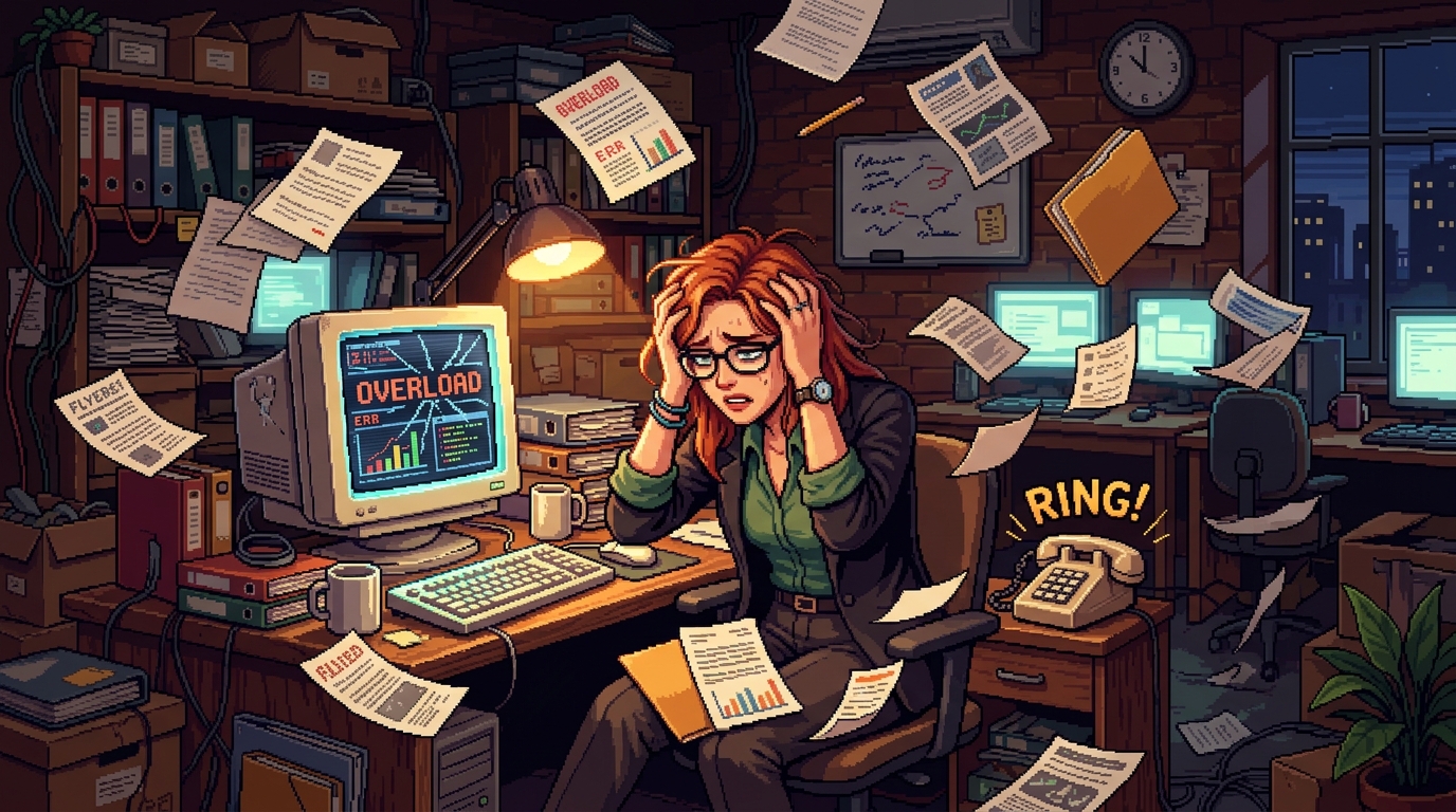 Ilustración de cómic: una emprendedora agobiada entre papeles volando, teléfonos sonando y una computadora vieja con la pantalla rota