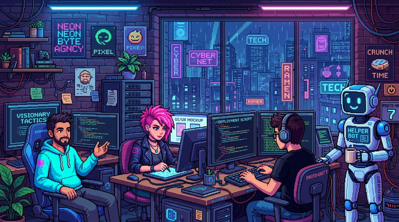 Ilustración de cómic: el equipo de DevMynd — un líder con sudadera cian, una diseñadora de cabello rosa, un ingeniero con audífonos y un robot — en su estudio nocturno